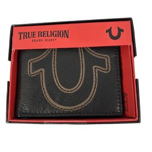 TRUE RELIGION Black Leather Bifold Wallet Tan Logo Boxed RFID Gift for Men NWT